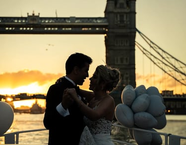 Sunset wedding couple near Tower Bridge London