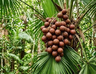 Grande cacho de frutos de aguaje (buriti) marrons e escamosos em uma palmeira da Amazônia.