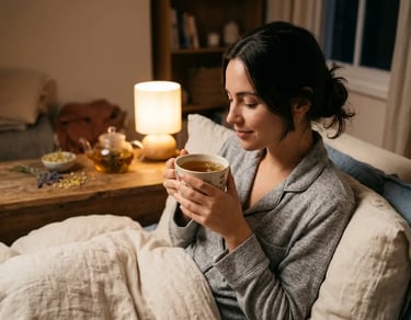 Uma mulher de pijama senta-se na cama tomando uma xícara de chá de ervas relaxante para uma rotina 