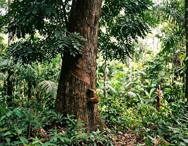(Copaifera): uma copaíba em floresta tropical, com o tronco sendo perfurado para extração do óleo