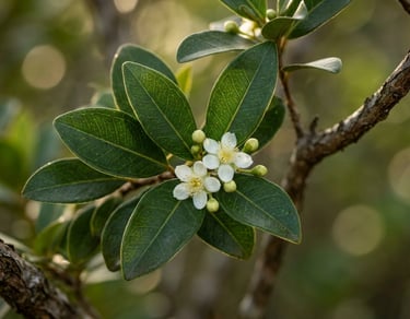 Close de pequenas flores brancas da gabirobeira e folhas verdes em um galho com fundo desfocado 