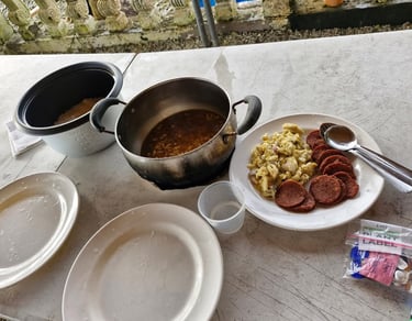 beef loaf, eggs and noodles for breakfast before diving