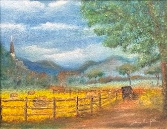 a painting of a horse drawn carriage in a field