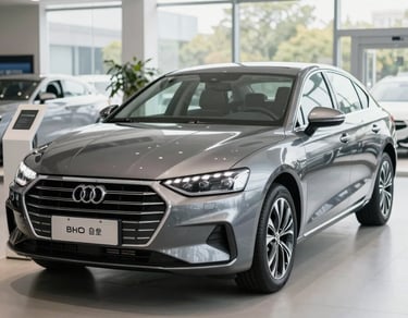 A clean, professionally detailed grey sedan in a bright, modern showroom, sharp focus, clean reflections