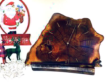 Edged wooden slab clock for table or shelf.