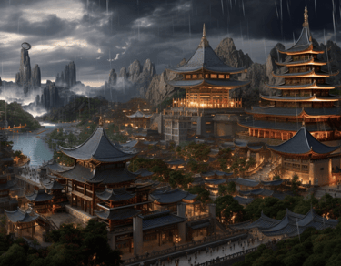 a cityscape of a mountaintop with a pagoda in the background