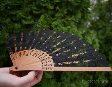 hand fan made from mahogany wood with black lace