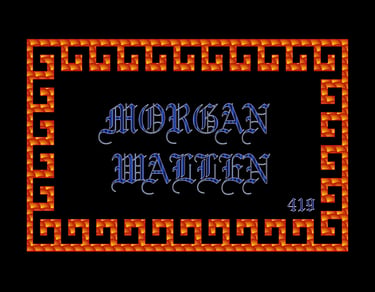 Morgan Wallen name in blue Gothic font inside an orange Greek key pattern border on a black background.