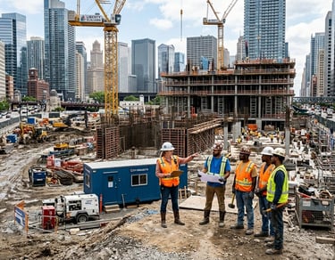 Construction workers at a large construction site.