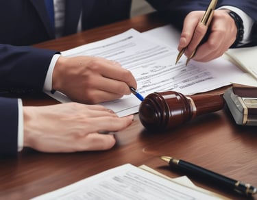 Legal books and a gavel resting on a polished wooden desk.