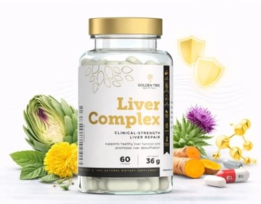 Bottle of Golden Tree Liver Complex capsules with natural ingredients.