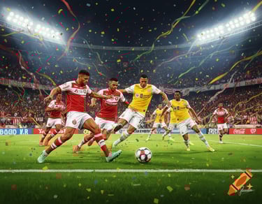 Partida de futebol do Brasileirão com jogadores em ação em estádio lotado. Cobertura Futebol no Mundo.