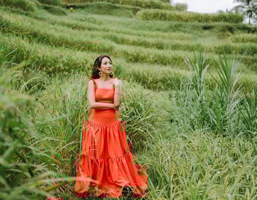 Artistic portrait in rice terrace landscape Tegalalang Ubud Bali