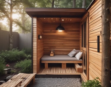 A wooden sauna room glowing softly with warm light.