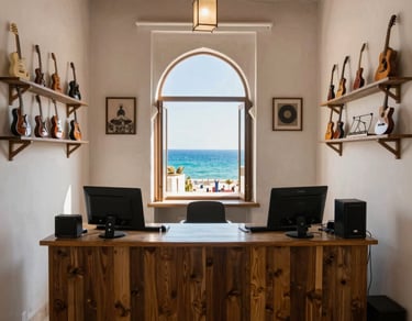 A moody black and white photo of a vintage microphone casting a long shadow on a dark stage.
