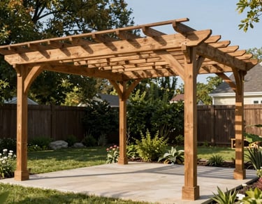 Daylight environmental photo of a freestanding wood pergola over a backyard patio in Delaware — lattice roof, clean post-and-beam joinery, garden visible in background, afternoon sun casting shadows through the structure