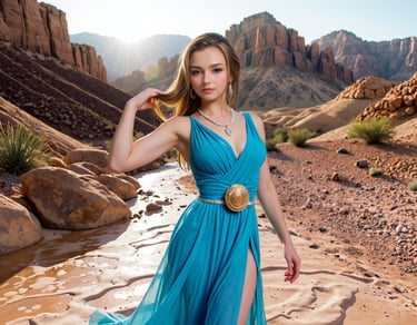 A woman in a long blue gown in the desert