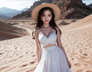 A woman in a white dress and hat in the desert