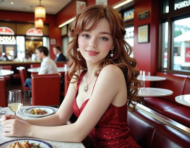 A woman sitting in a restaurant in a red dress