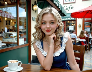 A woman in blue dress in a cafe