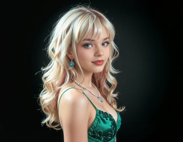 A portrait of a woman in a green dress