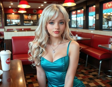 A woman in a green dress in a restaurant