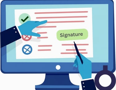 a person's hand holding a pen and pointing at a computer screen