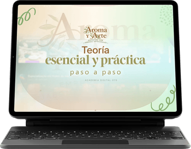 Laptop showing the Aroma y Arte online course portal for handmade soap making theory and practice.