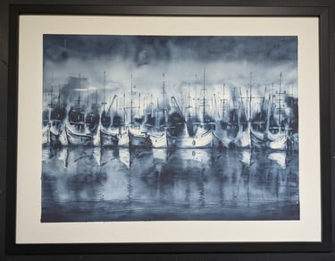 watercolour painting of ghost ships.