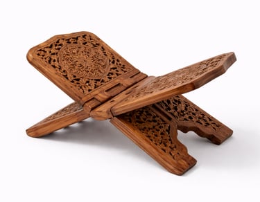 Hand-carved wooden Quran stand (Rehal) with traditional Islamic artwork