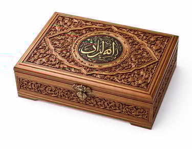 Handcrafted wooden Quran box with carved Islamic detailing for Quran protection