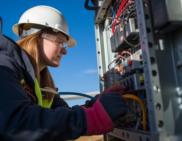 Female electrical technician in a hard hat repairing a complex industrial power control panel.