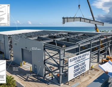 Florida wind-load compliance engineering for pre-engineered steel buildings by Ellison Row Group LLC.