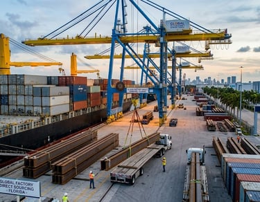 Global factory-direct steel sourcing and port logistics for Florida pre-engineered steel buildings by Ellison Row Group LLC.
