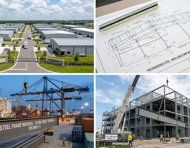 Licensed construction crew erecting pre-engineered steel apartment complex framework in Florida