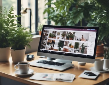 A sleek black and white workspace with a laptop displaying social media content creation tools.