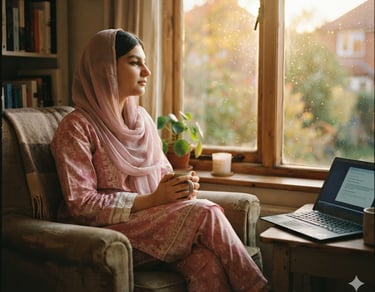 A woman in a pink hijab sits in an armchair with a mug near a laptop and window.