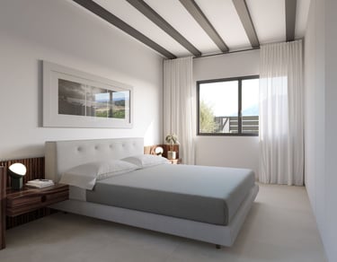 Chambre moderne et minimaliste avec lit rembourré gris, tables de chevet en bois foncé et poutres ap