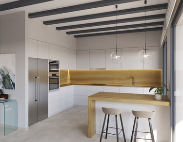 Cuisine moderne blanche avec touches de bois, bar pour le petit-déjeuner et poutres noires apparente