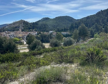 Vue panoramique d’un village espagnol historique niché dans une vallée montagneuse verdoyante