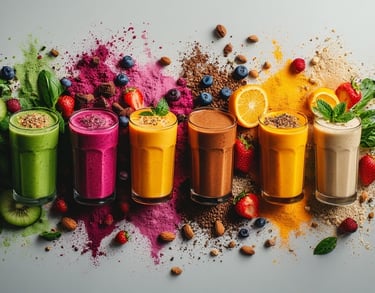 Colorful row of seven beauty-boosting smoothies with fresh ingredients shot from above