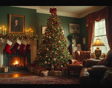 Ralph Lauren-style living room with tree, plaid stockings, and fireplace.