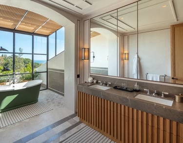 Bathroom at Villa La Gratitud with freestanding tub and panoramic views