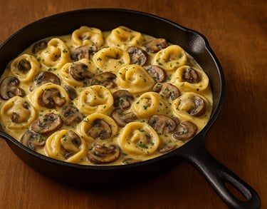 A cast iron skillet filled with creamy mushroom tortellini in a rich garlic-parmesan sauce, garnishe