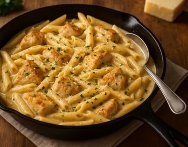 A plate of creamy garlic parmesan chicken pasta garnished with fresh parsley and grated cheese, serv
