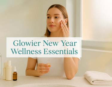Modern wellness feature image of a woman applying glowing serum in a minimal white bathroom