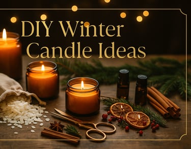 Elegant holiday flat-lay with glowing DIY winter candles, pine branches, dried oranges, and gold 