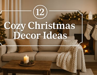 Cozy Christmas living room with tree, candles, and sofa, featuring text overlay “12 Cozy Christmas 