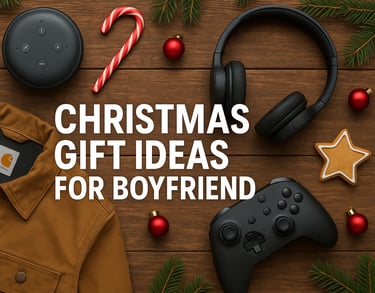 Christmas gift ideas for boyfriend flat lay with jacket, headphones, and festive decor.