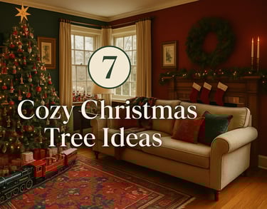 A cozy Christmas living room with a decorated tree, wrapped gifts, and a vintage train under tree